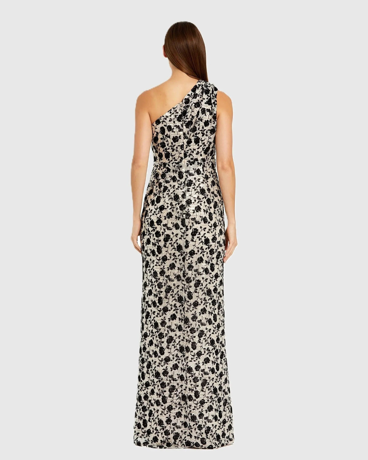 Beige One Shoulder Sequin Gown with Floral Velvet Detail