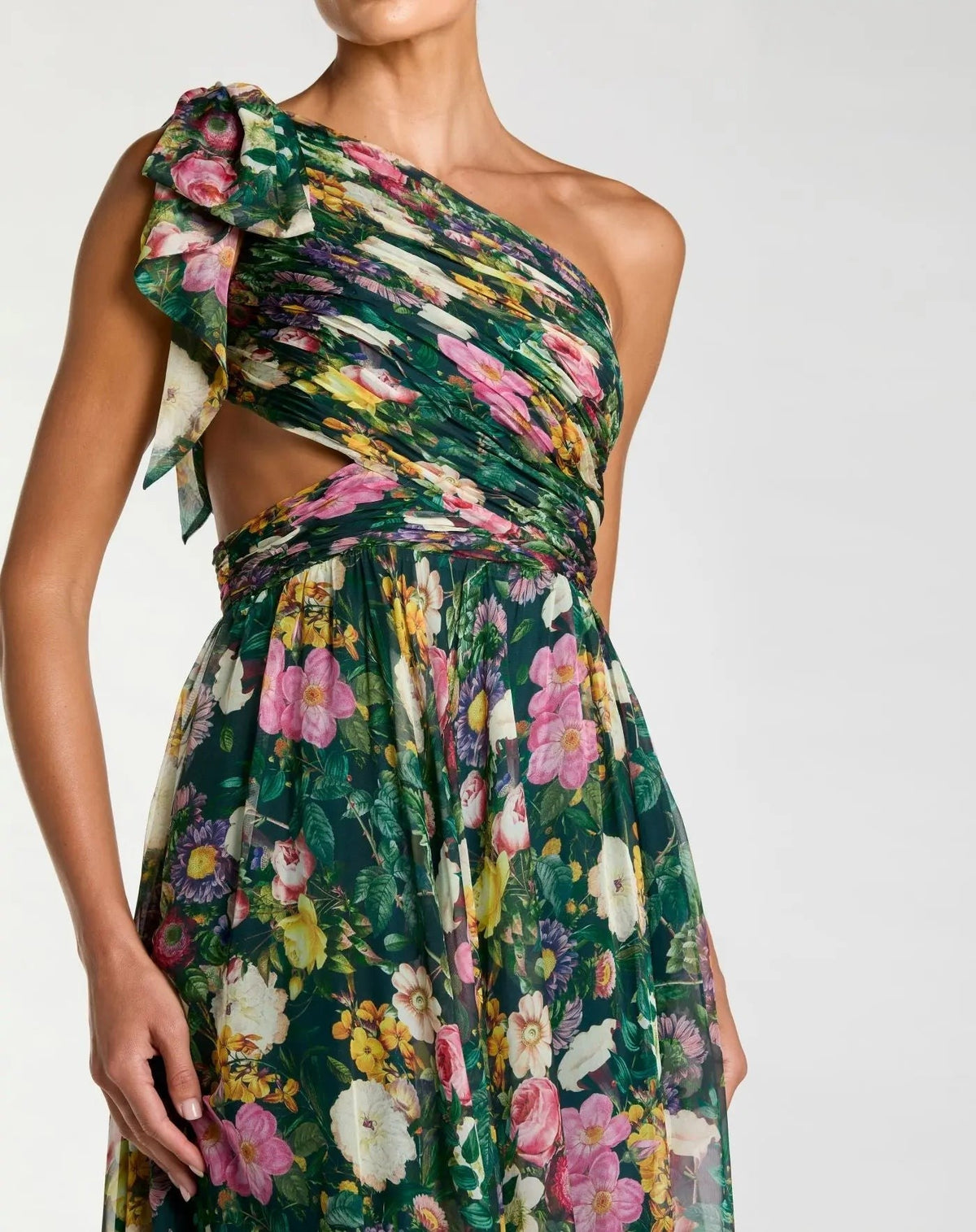 Deep Green Multi Floral Chiffon One Shoulder Cut Out Gown