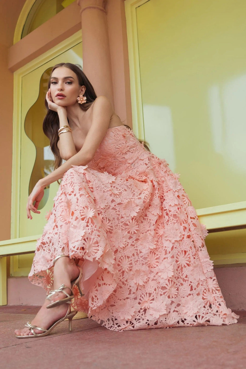 Blush Strapless Floral Embroidered Lace A-Line Dress