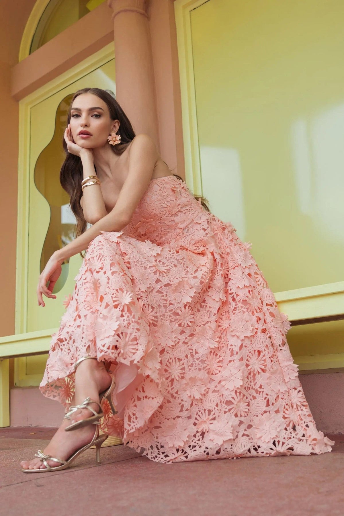 Blush Strapless Floral Embroidered Lace A-Line Dress