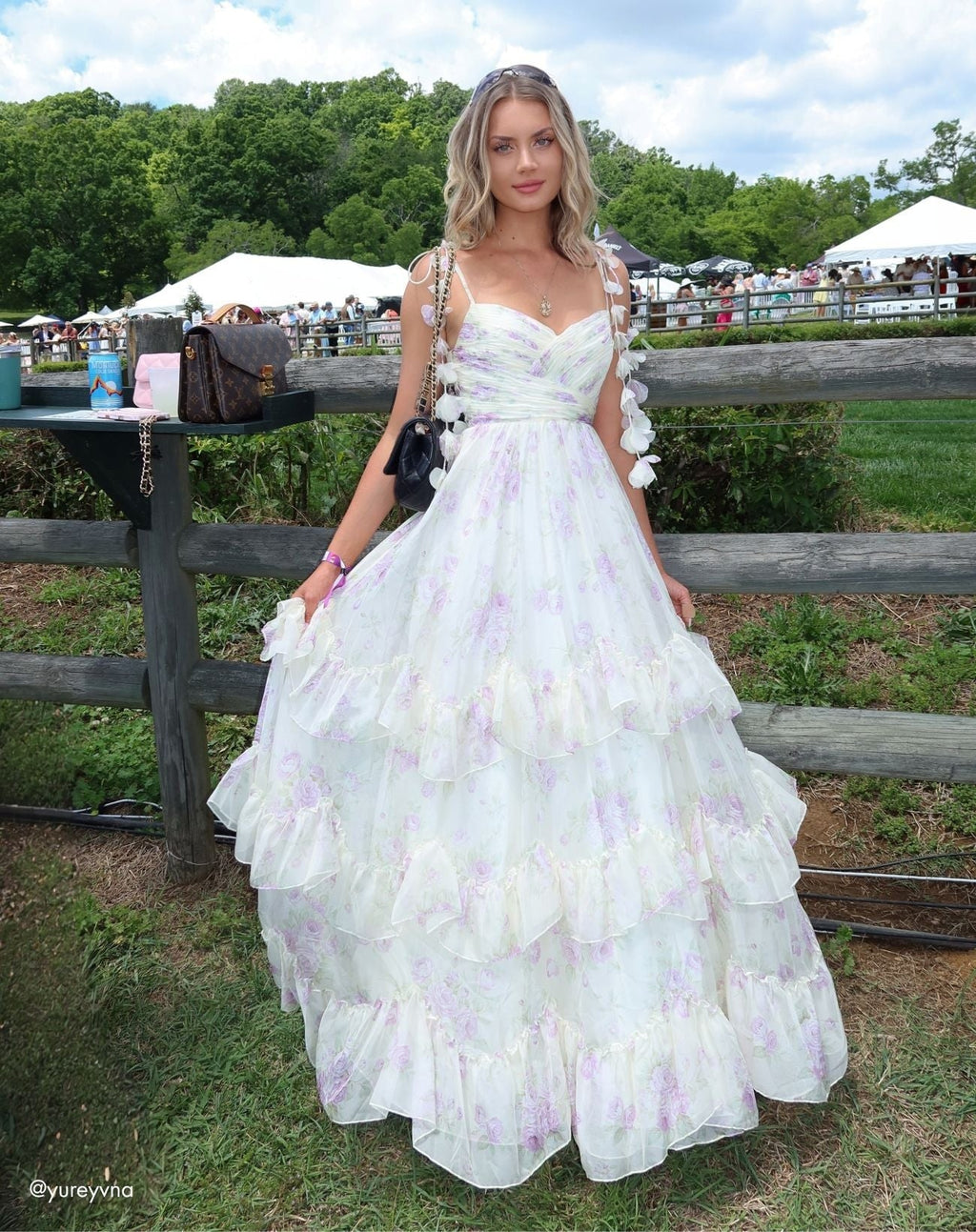 White Floral Chiffon Ruffle Gown With 3D Flower Straps