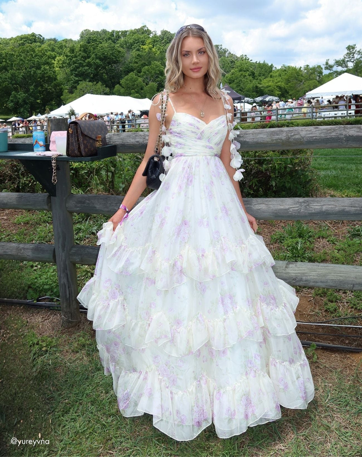 White Floral Chiffon Ruffle Gown With 3D Flower Straps