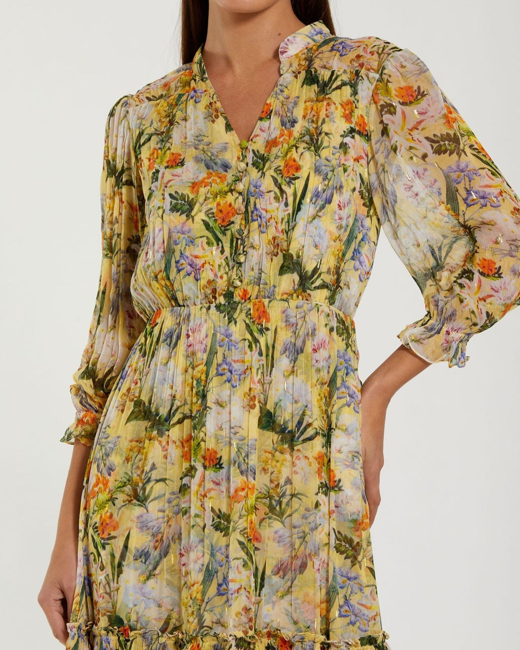 Yellow Floral V Neck Ruffle Midi Dress With 3/4 Sleeves