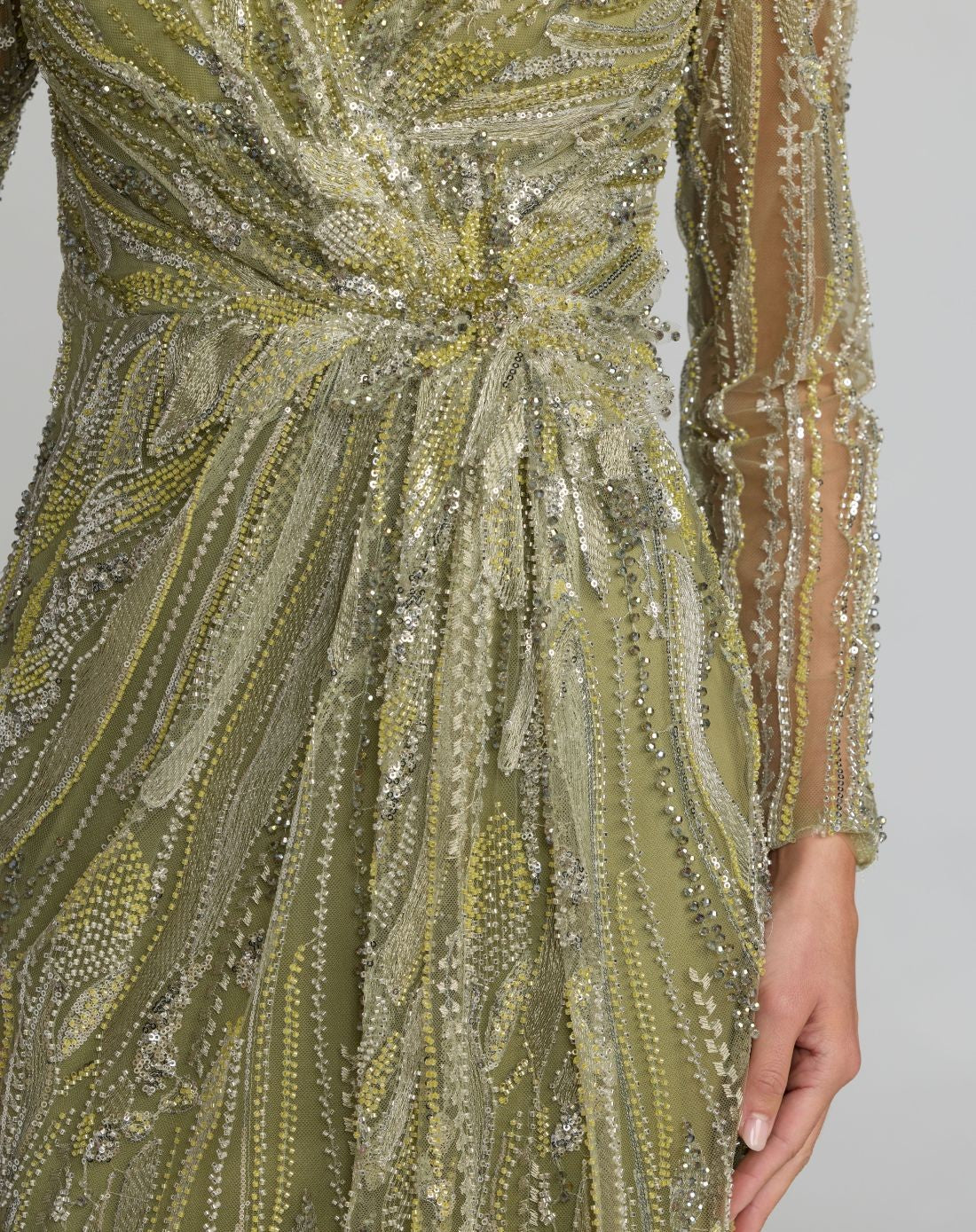 Green Hand Embellished V-Neck Column Gown
