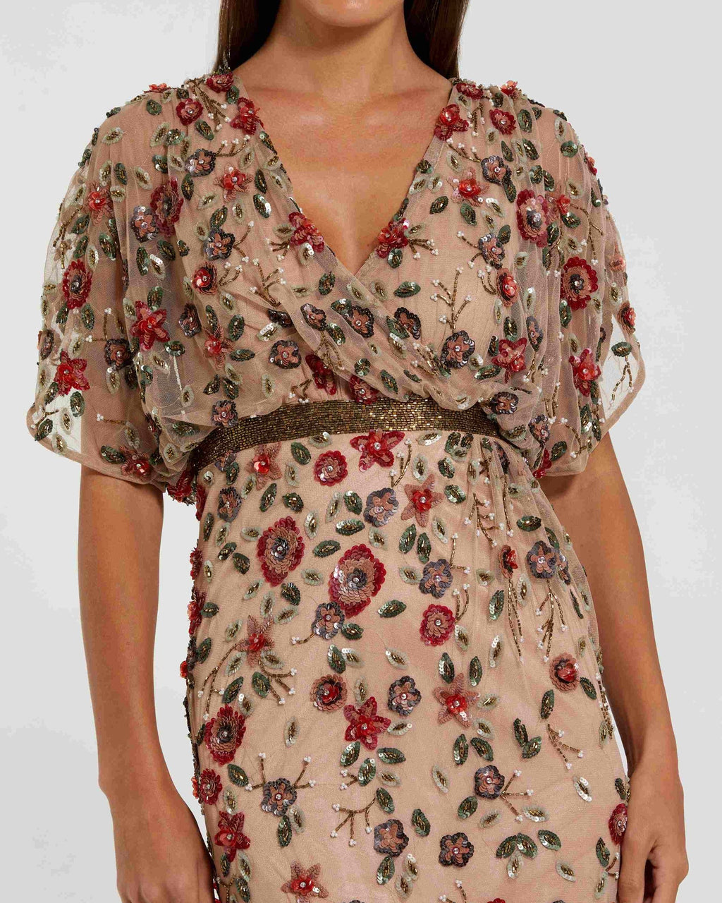 Beige Floral Embellished Short Sleeve Blouson Gown