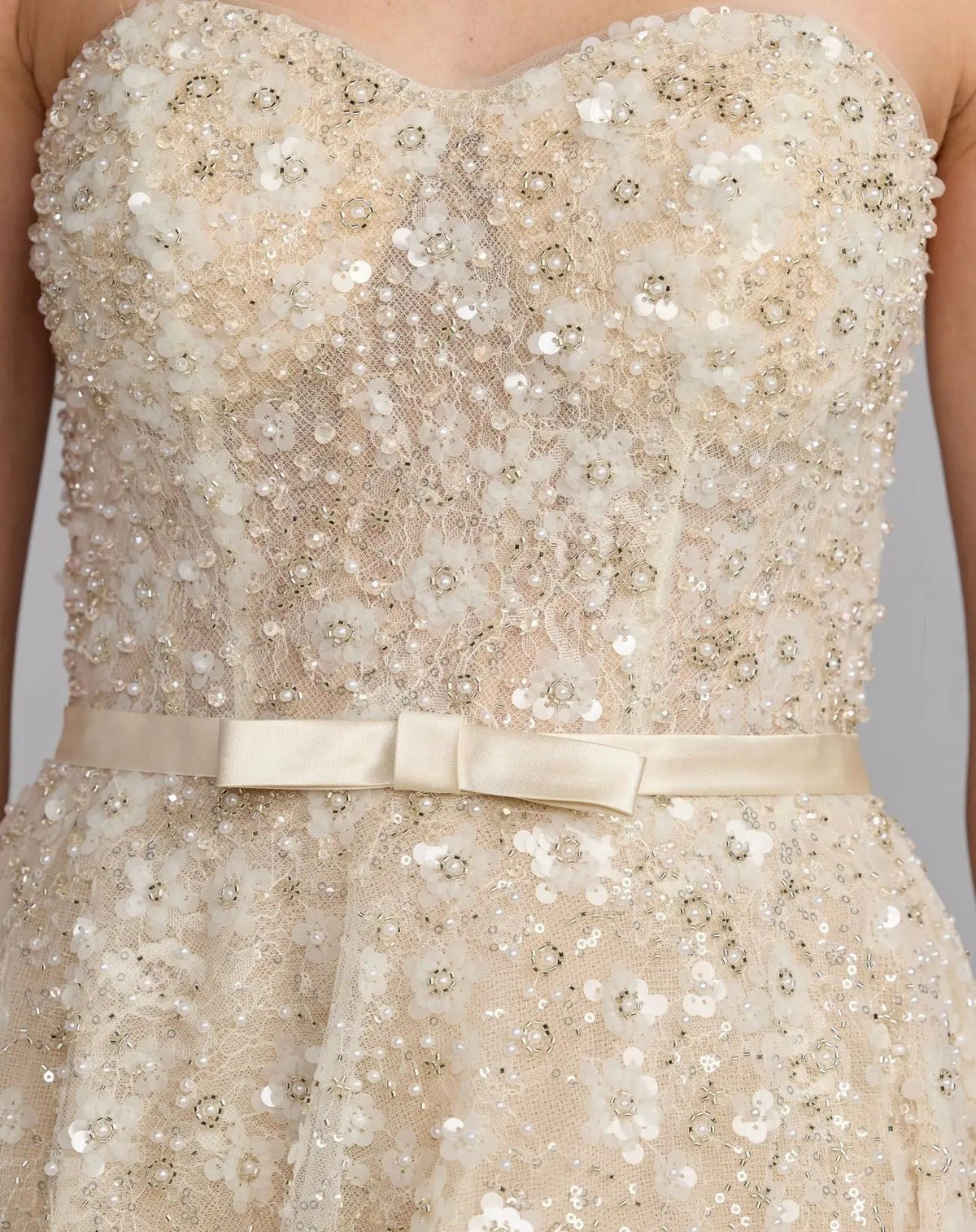 Ivory Strapless Embellished Lace A-Line Midi Dress