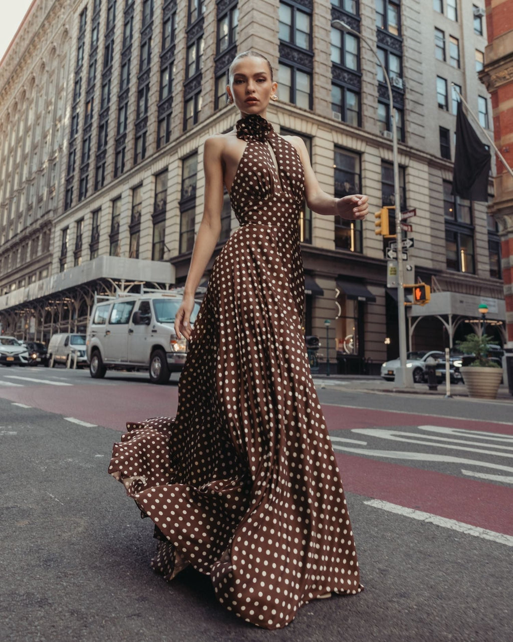 Chocolate Multi Polka Dot A-Line Halter Gown With Rosette