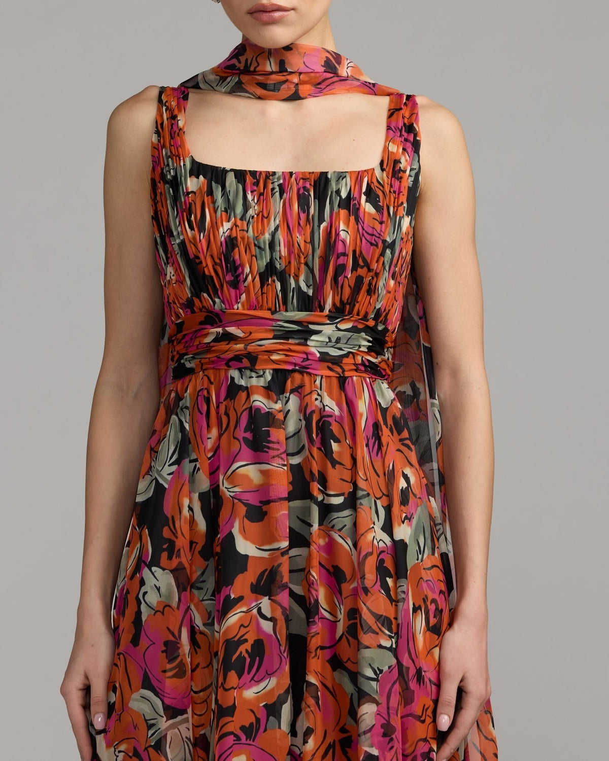 Rose Floral Chiffon Gown With Scarf