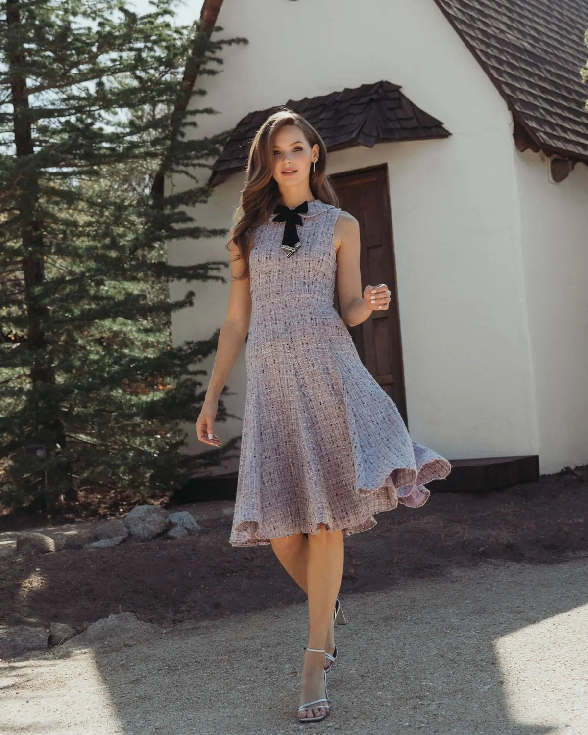 Purple Sleeveless Boucle A-Line Midi Dress With Bow