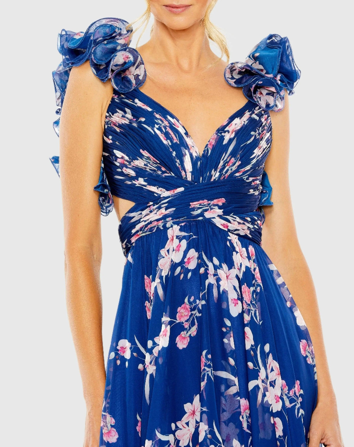 Blue Ruffle Tiered Floral Cut-Out Chiffon Gown