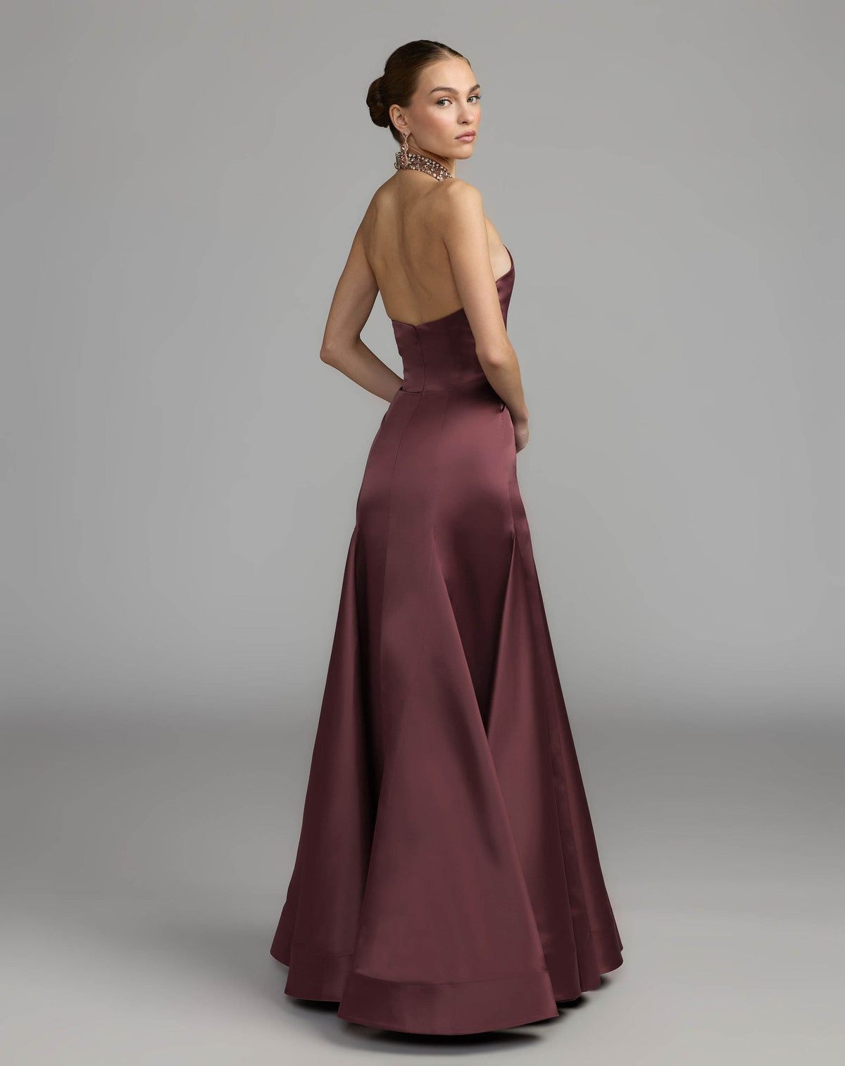 Deep Plum Satin Embellished Halter Mermaid Gown
