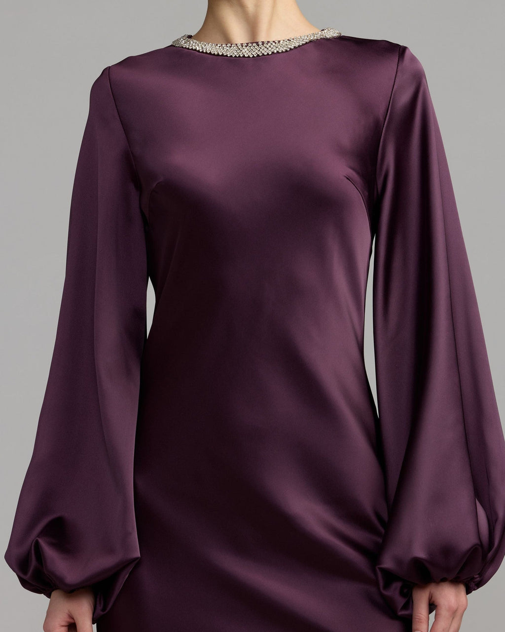 Eggplant Rhinestone Neckline Satin Midi Dress