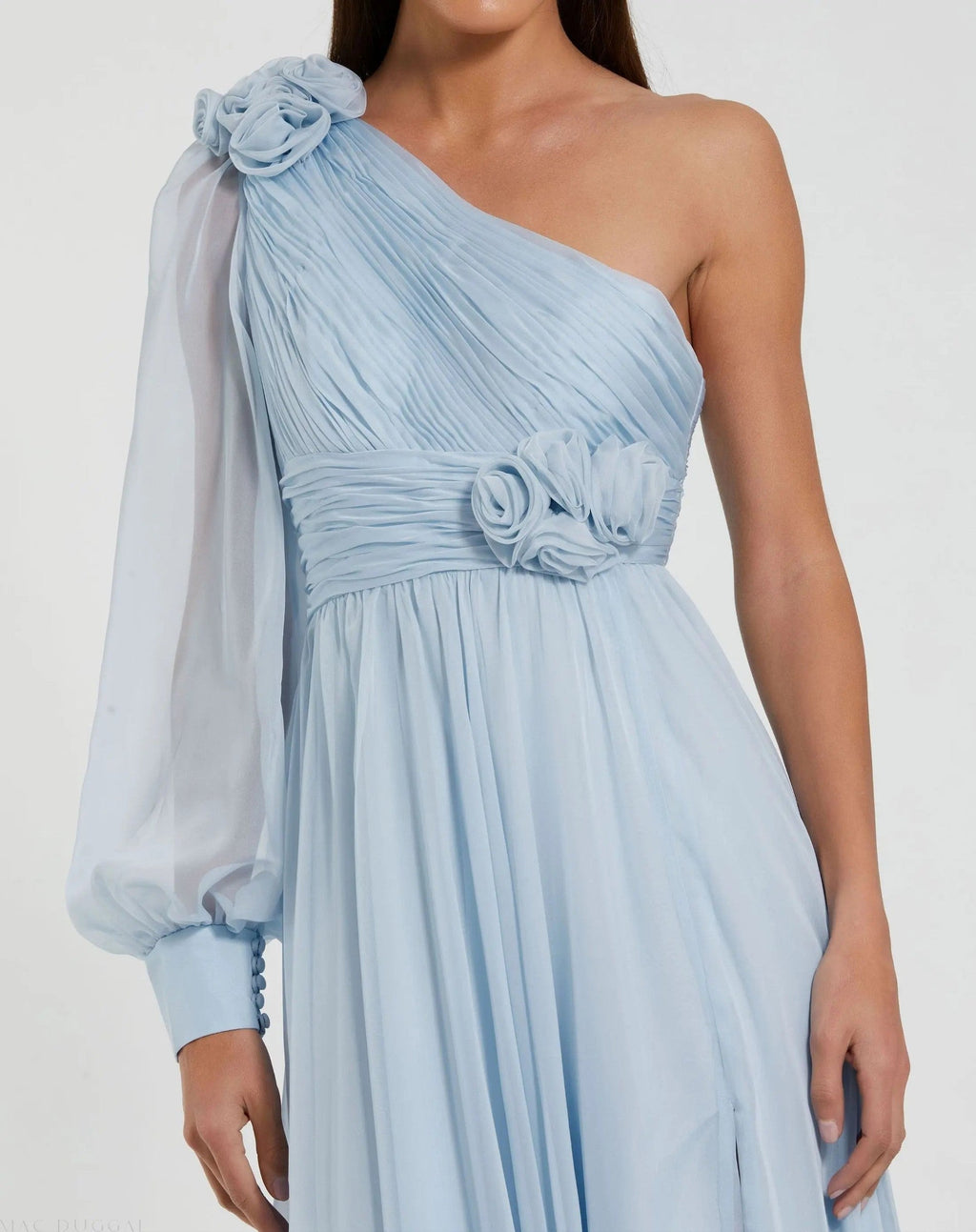 Blue One Sleeve A-Line Chiffon Gown With 3D Flowers