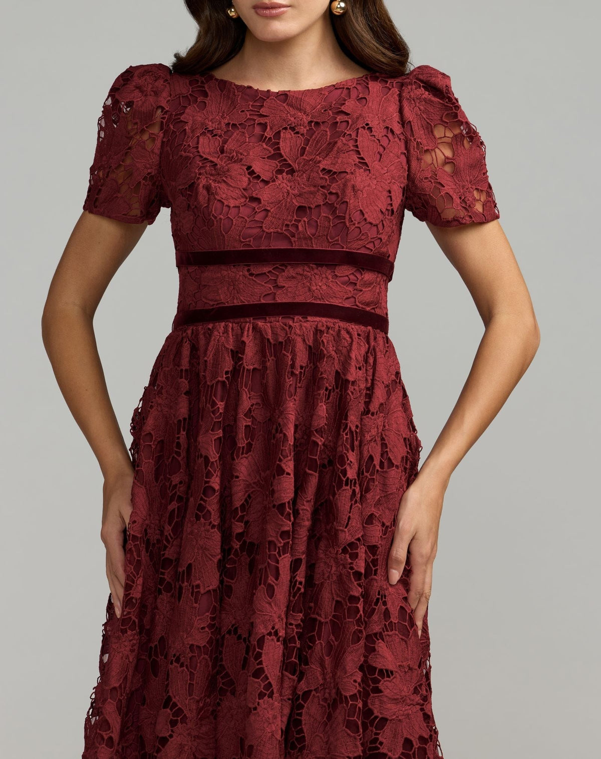 Burgundy A-Line Short Sleeve Lace Midi Dress
