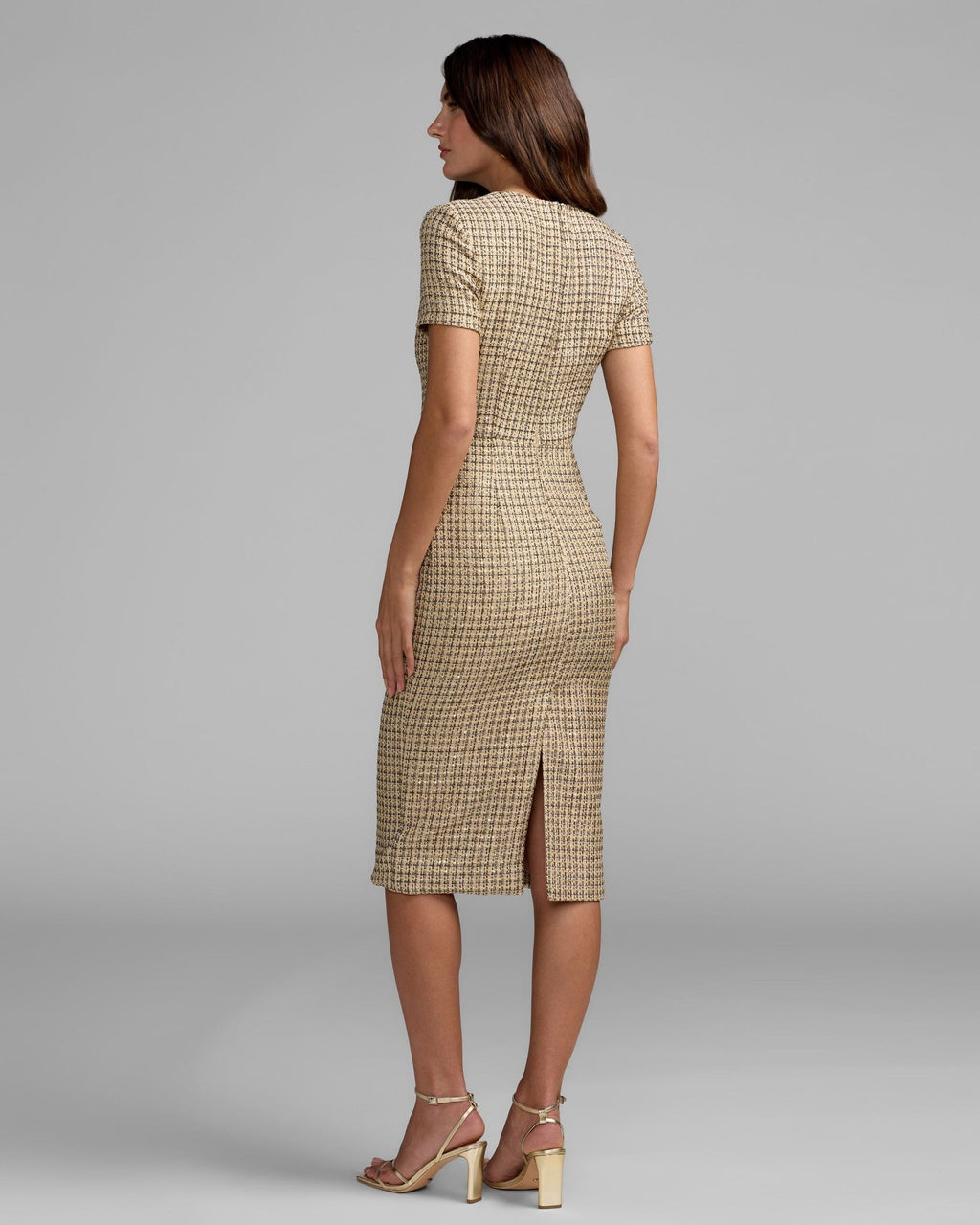 Nude Gold Boucle Button Front Midi Dress