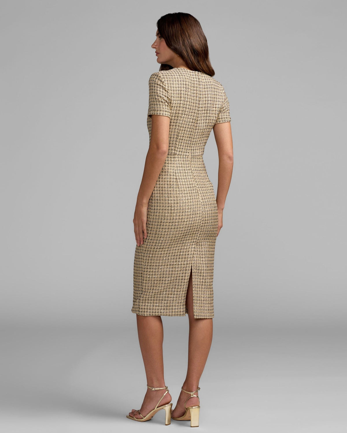 Nude Gold Boucle Button Front Midi Dress