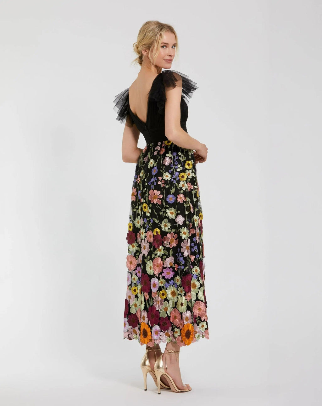 Black Multicolor Embroidered Flutter Sleeve Floral Dress