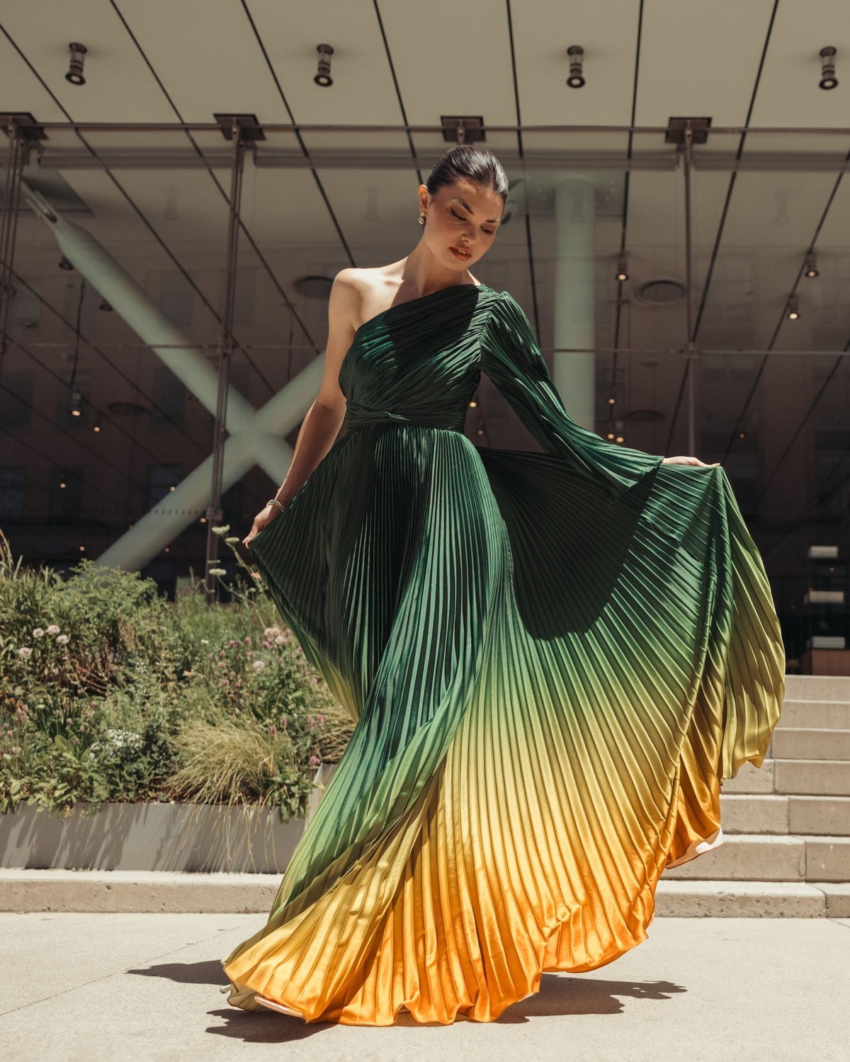 Green Ombre Pleated Charmeuse One Shoulder Ombre Gown