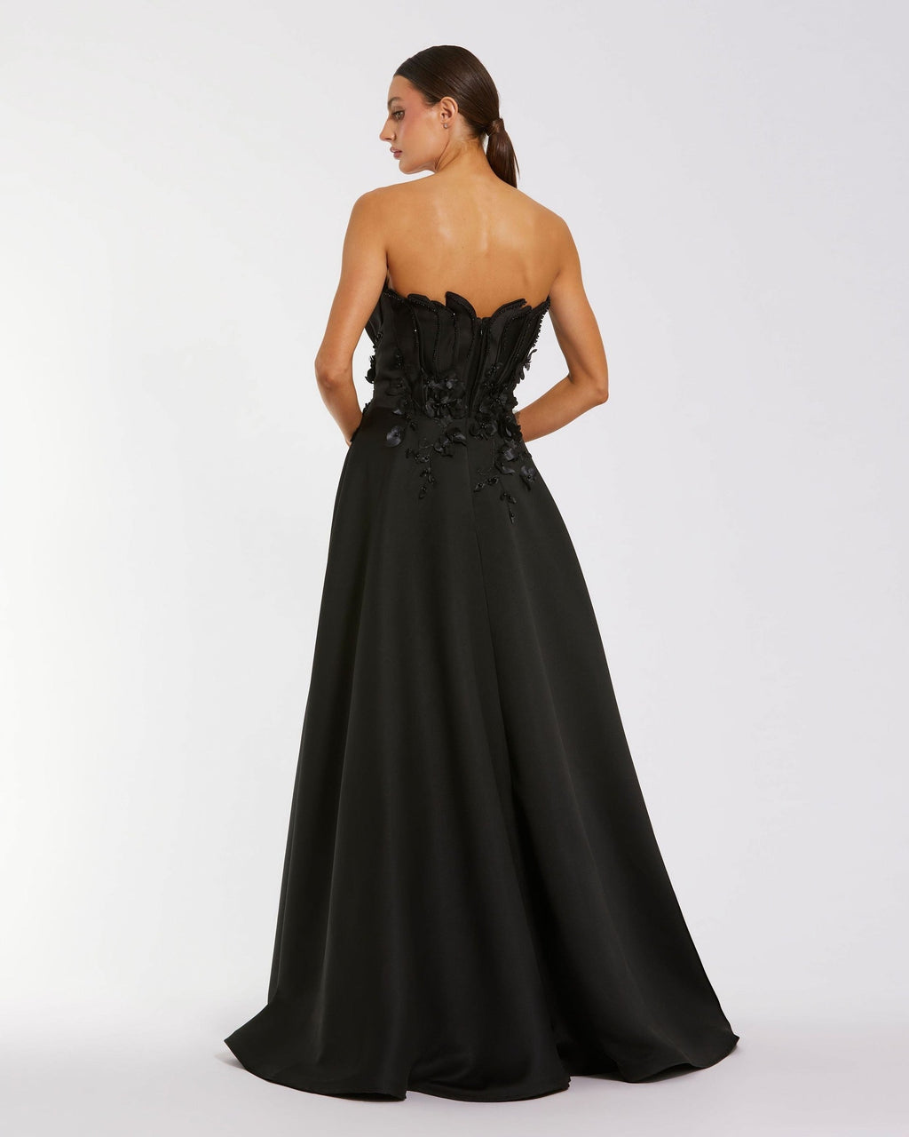 Petite Black Strapless Satin Floral Embellished Ball Gown
