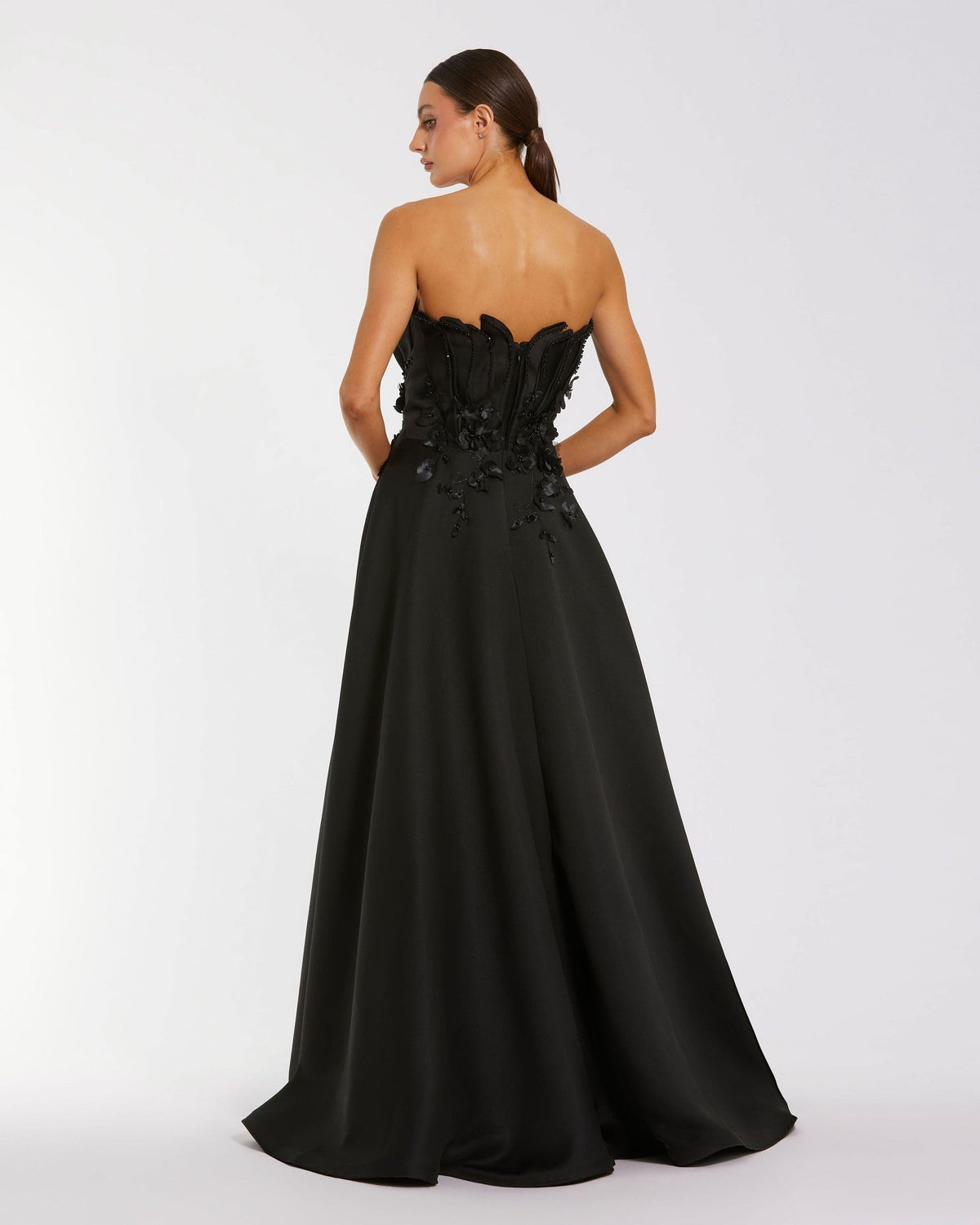 Petite Black Strapless Satin Floral Embellished Ball Gown