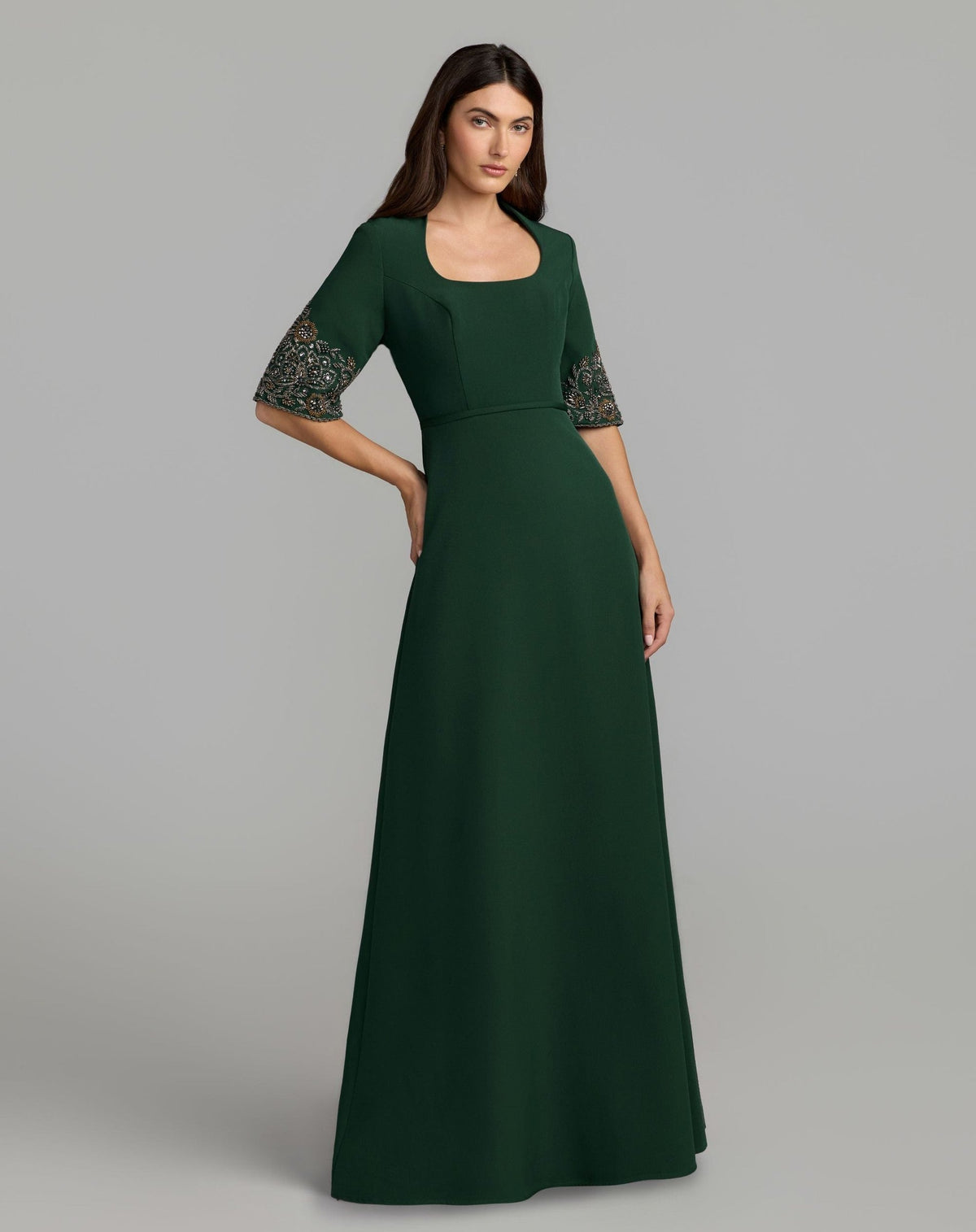 Scoop Neck Beaded Cuff Crepe Gown