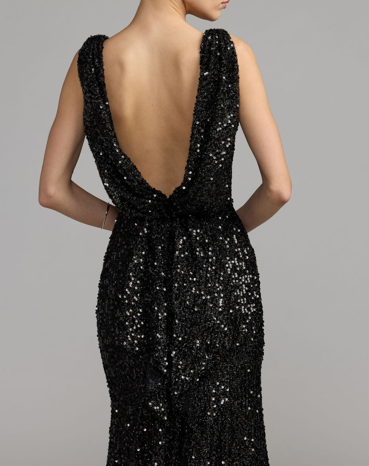 Black Sleeveless Cowl Back Sequin Evening Gown