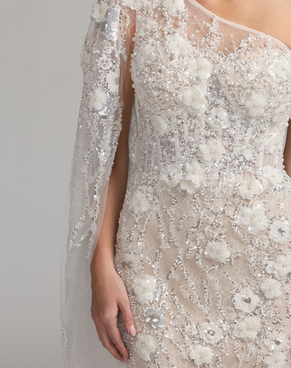 Ivory Nude Beaded One Shoulder Corset Midi Dress