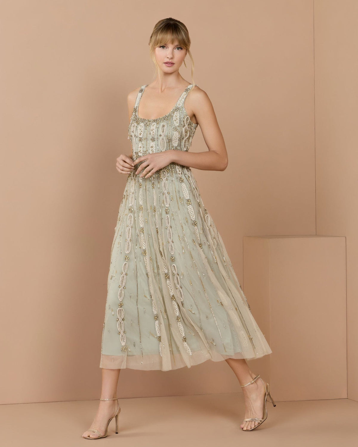 Petite Nude Sage Sleeveless Scoop Neck Embellished Midi Dress
