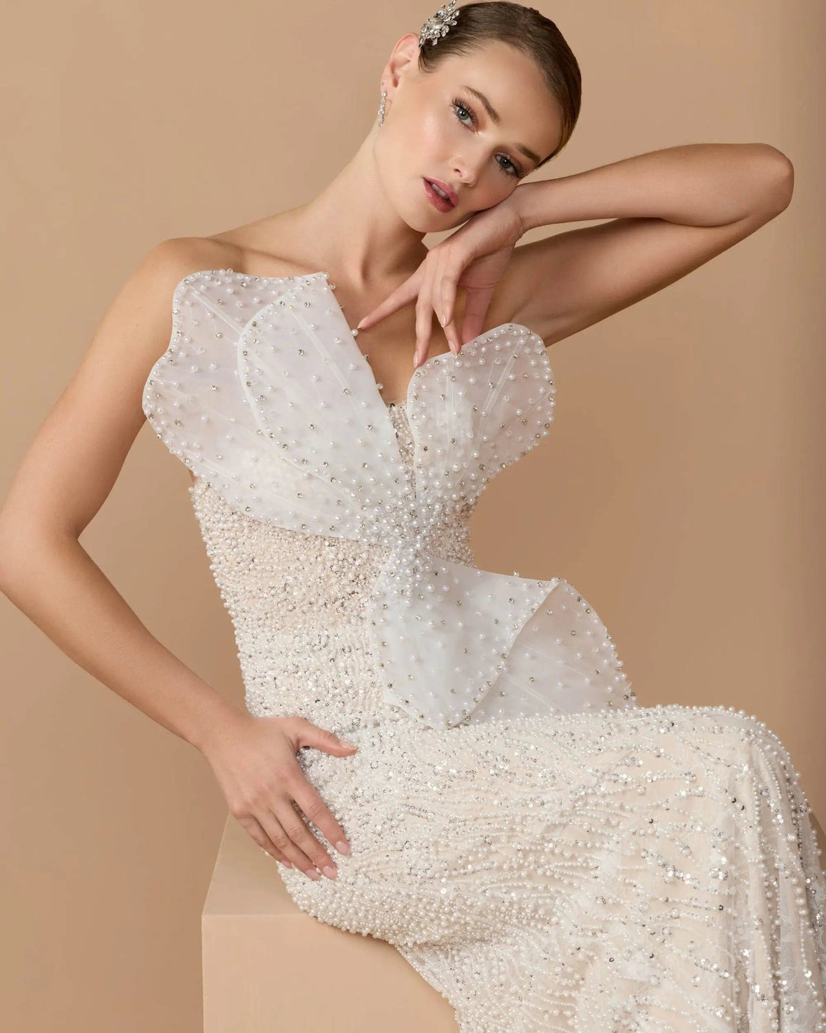 Ivory Nude Strapless Embellished Column Gown With 3D Petals