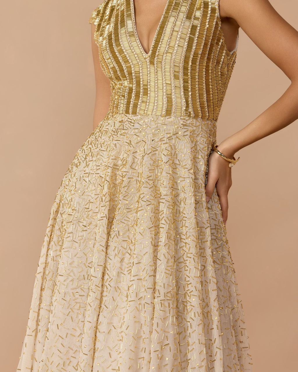 Gold V-Neck Beaded Tulle A-Line Gown