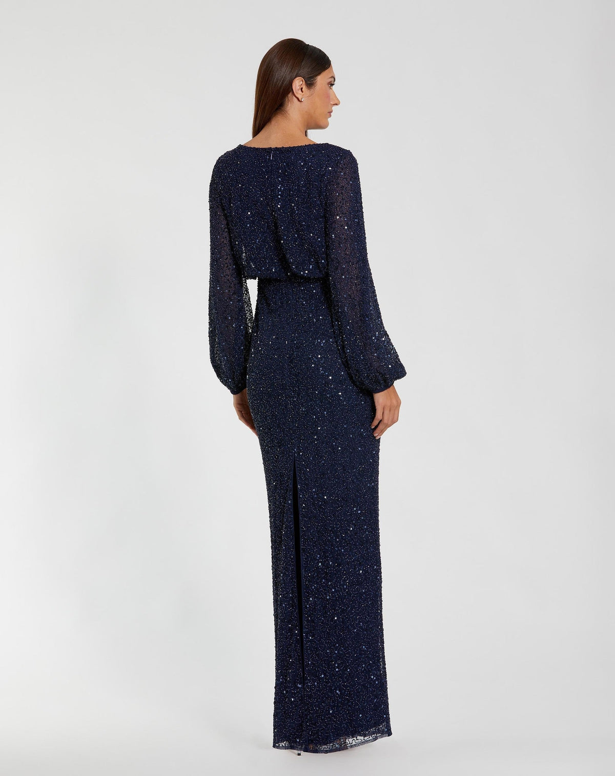 Navy Sequin Blouson Long Sleeve Gown