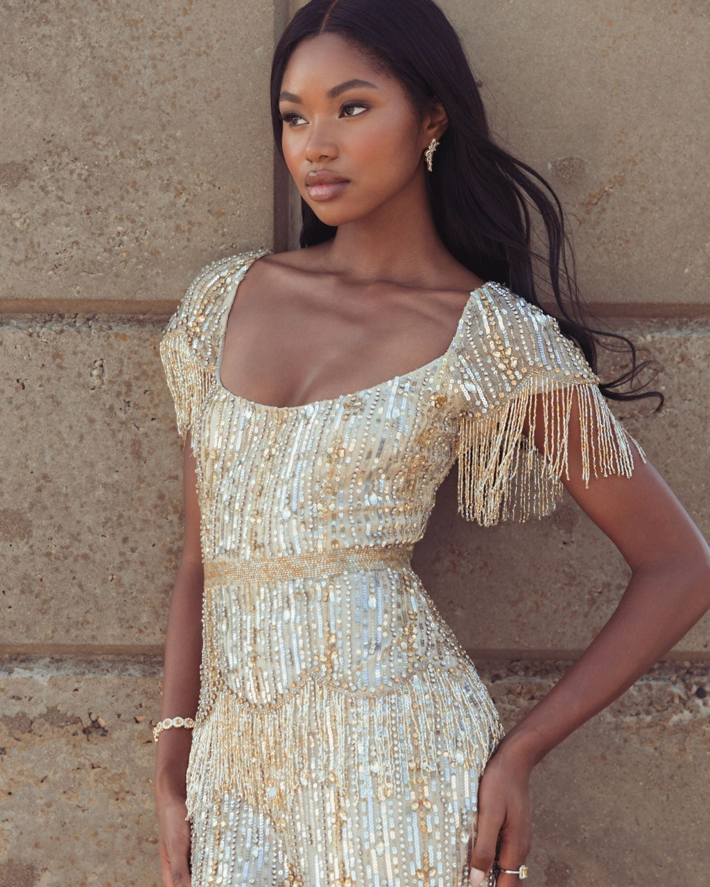 Light Gold Beaded Fringe Midi Dress