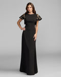 Petite Black Gold Embellished Flutter Sleeve Crepe Gown