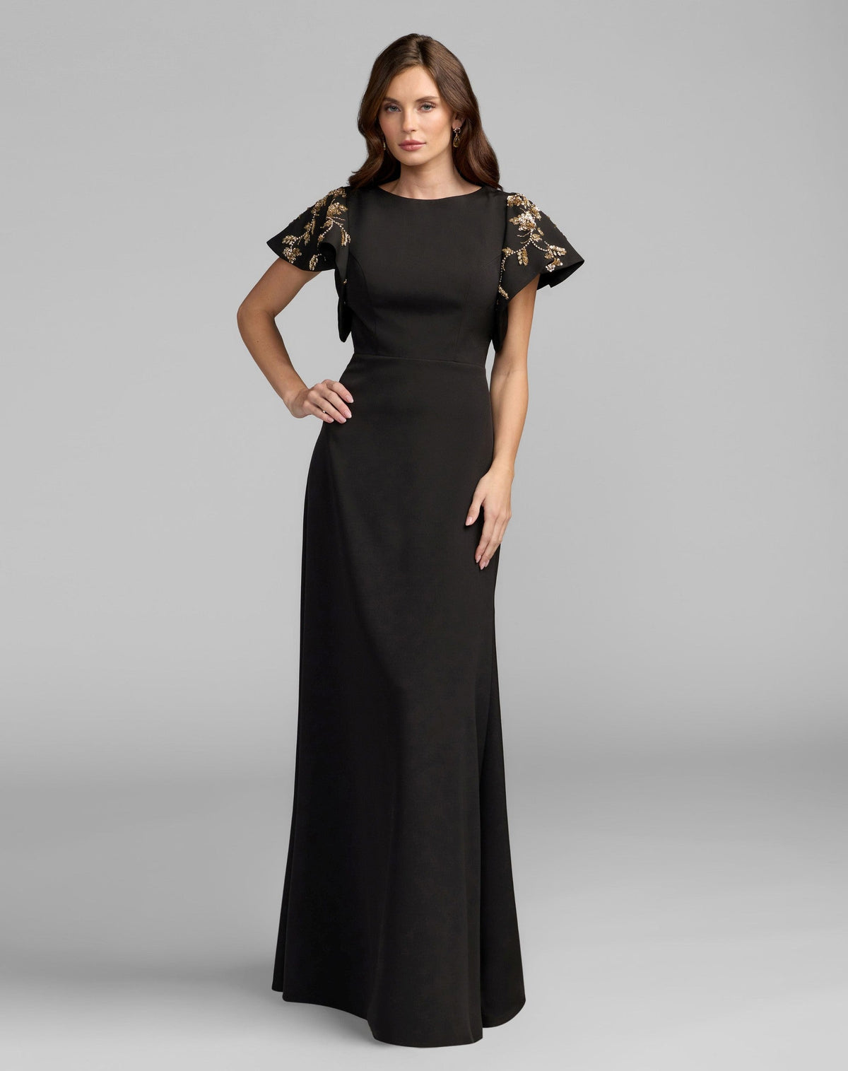 Petite Black Gold Embellished Flutter Sleeve Crepe Gown