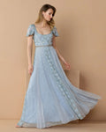 Slate Blue Short Sleeve Scoop Neck Embellished Gown