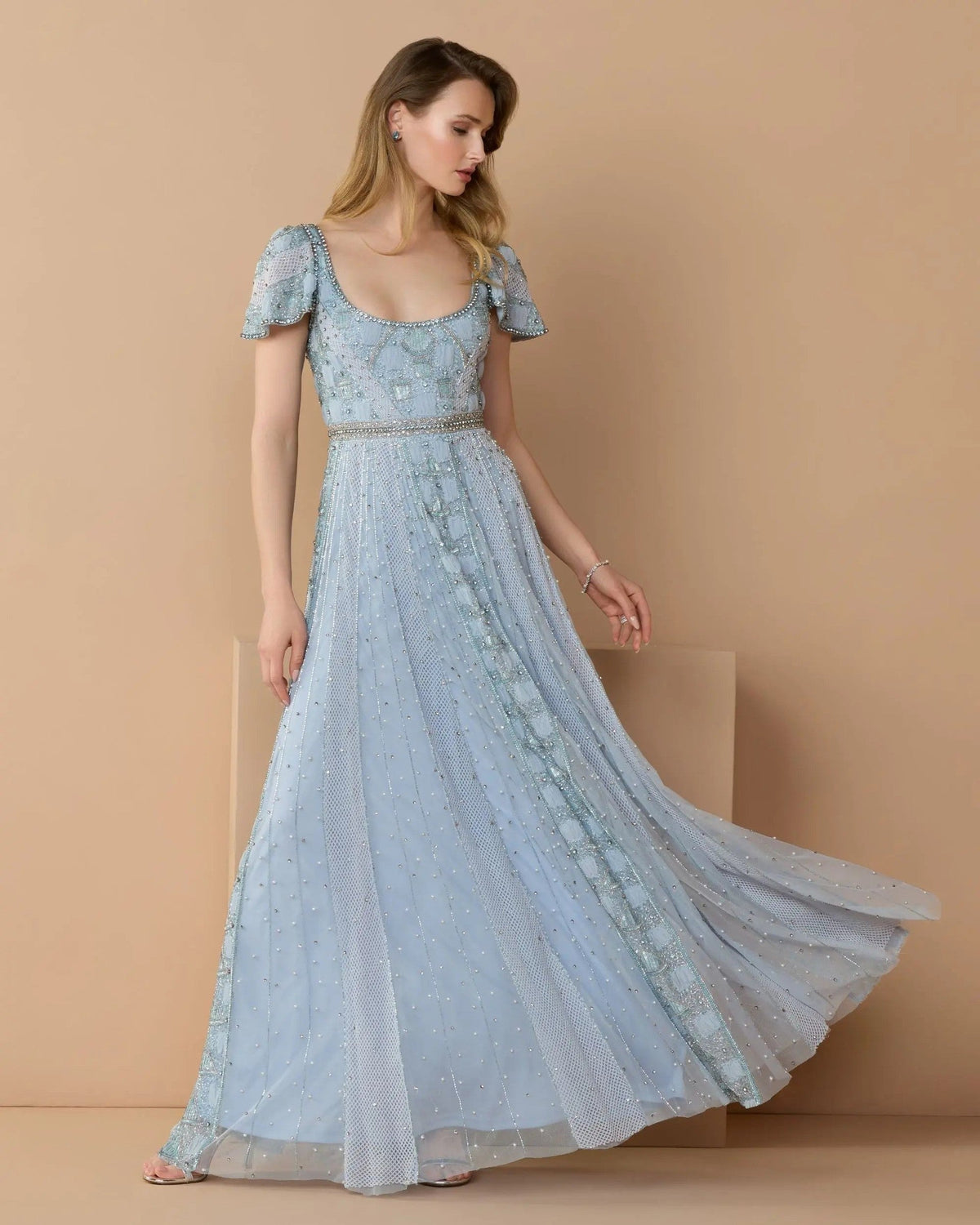 Slate Blue Short Sleeve Scoop Neck Embellished Gown