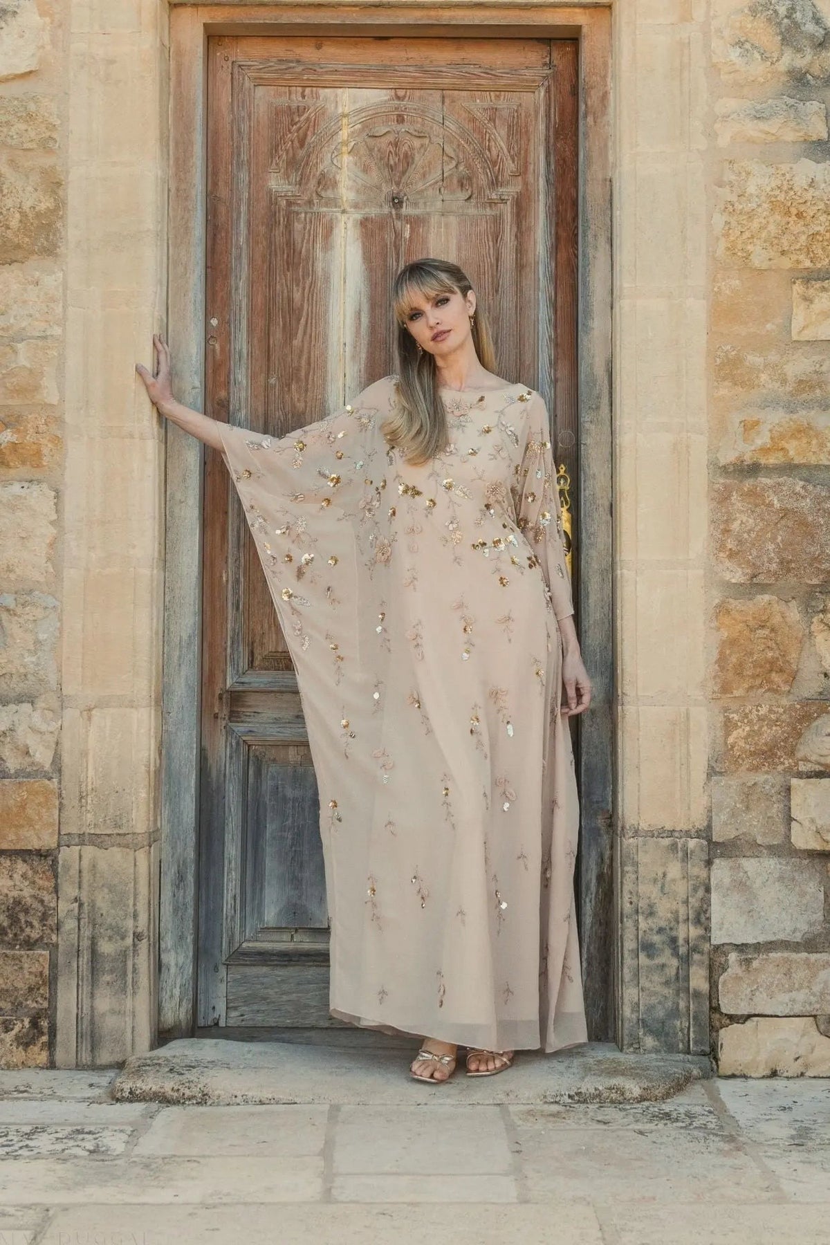 Beige Floral Embellished Kaftan Gown
