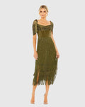 Olive Short Sleeve Fringe Detailed Midi Dress