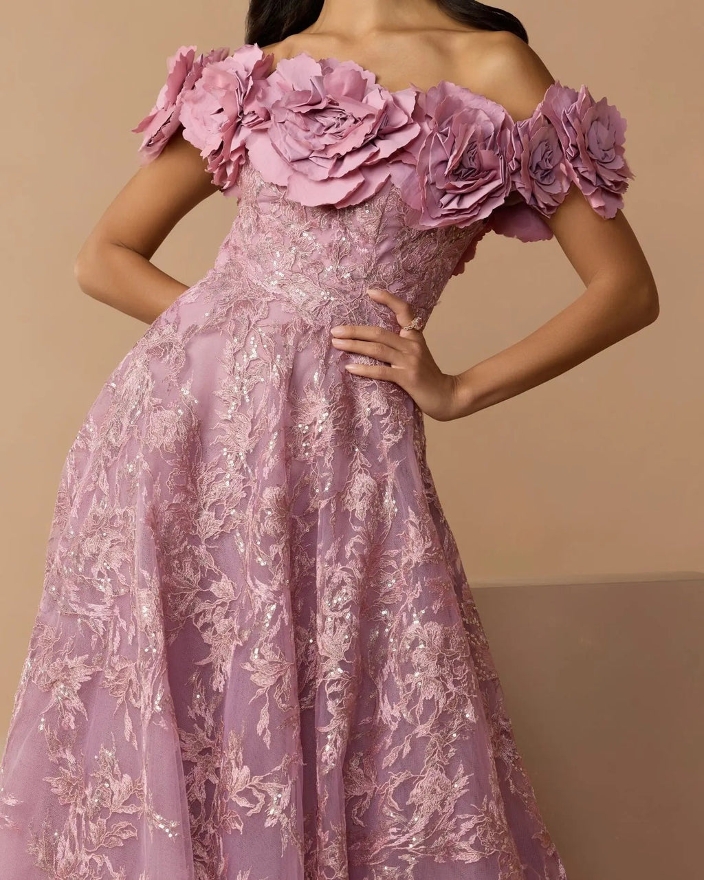 Mauve Off The Shoulder 3D Floral Embroidered A-Line Gown