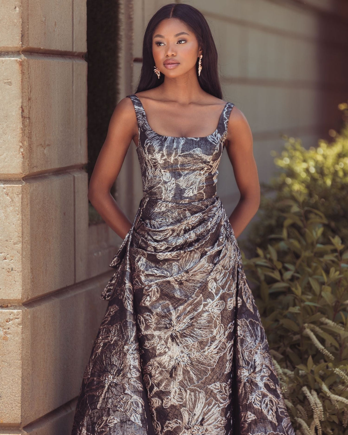 Bronze Metallic Floral Brocade Gown with Overskirt