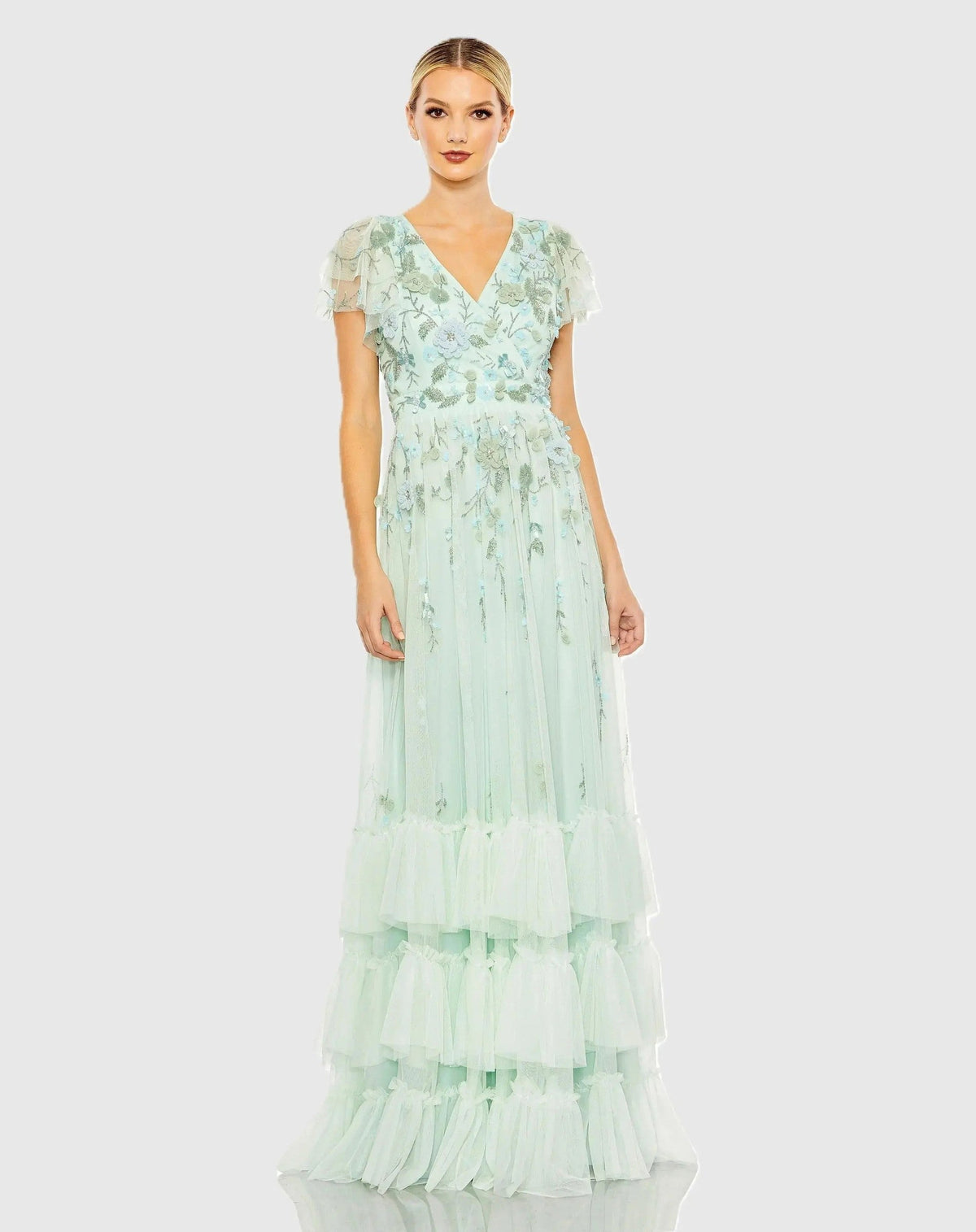 Green Ruffle Tiered Embellished Faux Wrap Flutter Sleeve Gown