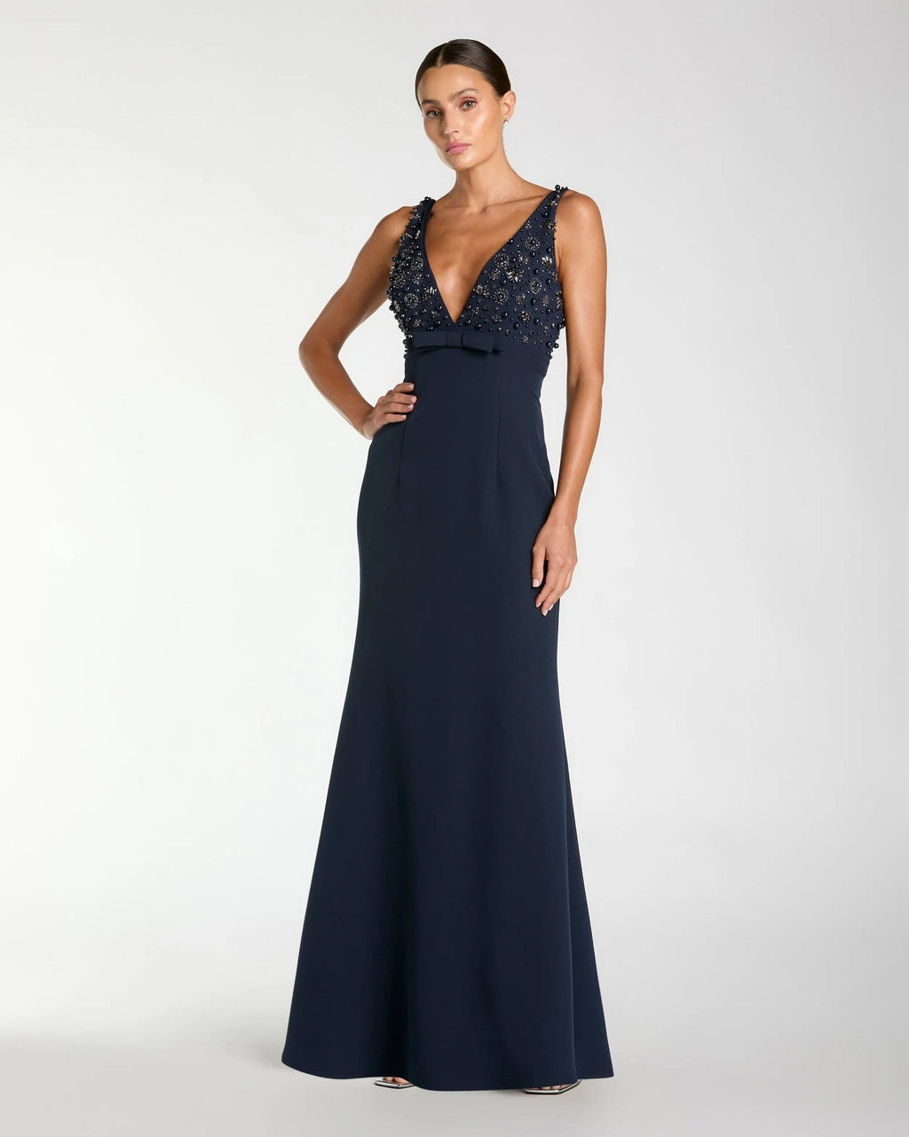 Midnight Embellished Deep V-Neck Crepe Gown With Bow