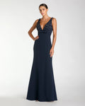 Midnight Embellished Deep V-Neck Crepe Gown With Bow