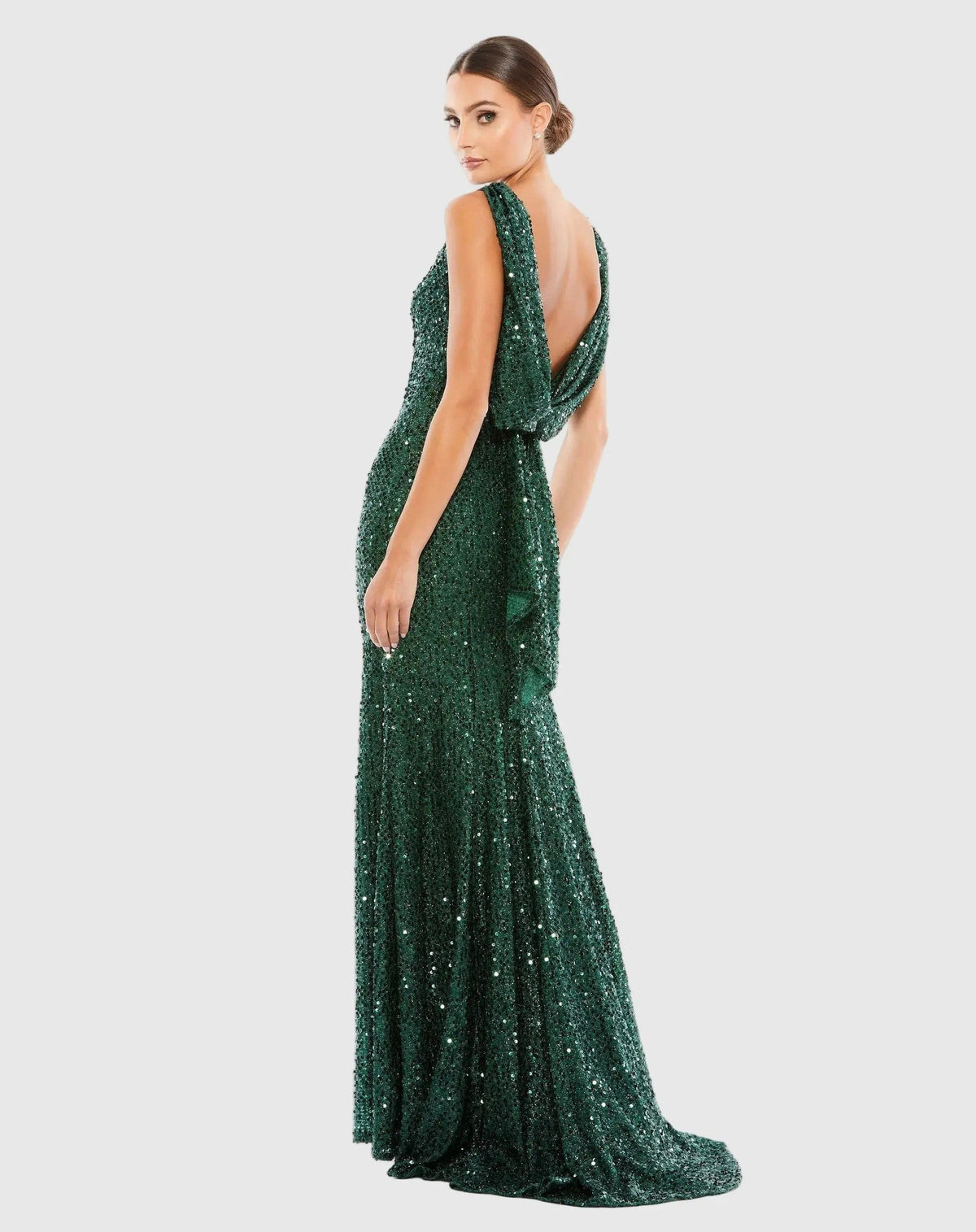 Emerald Sleeveless Cowl Back Sequin Evening Gown