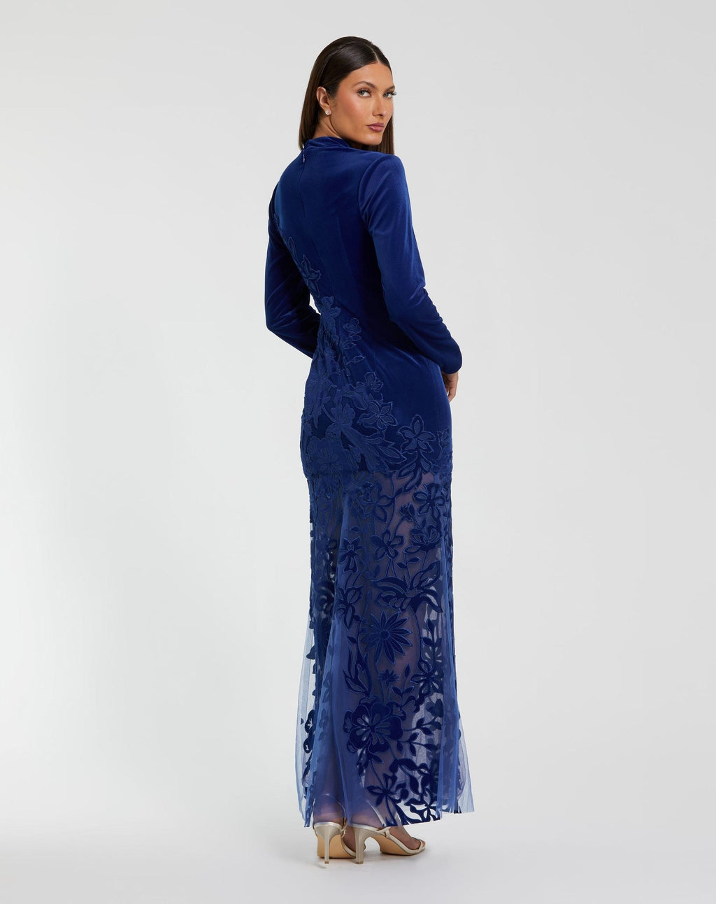Cobalt Long Sleeve Sheer Floral Embroidered Velvet Dress