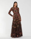 Espresso Multi Long Sleeve Floral Embellished Evening Gown