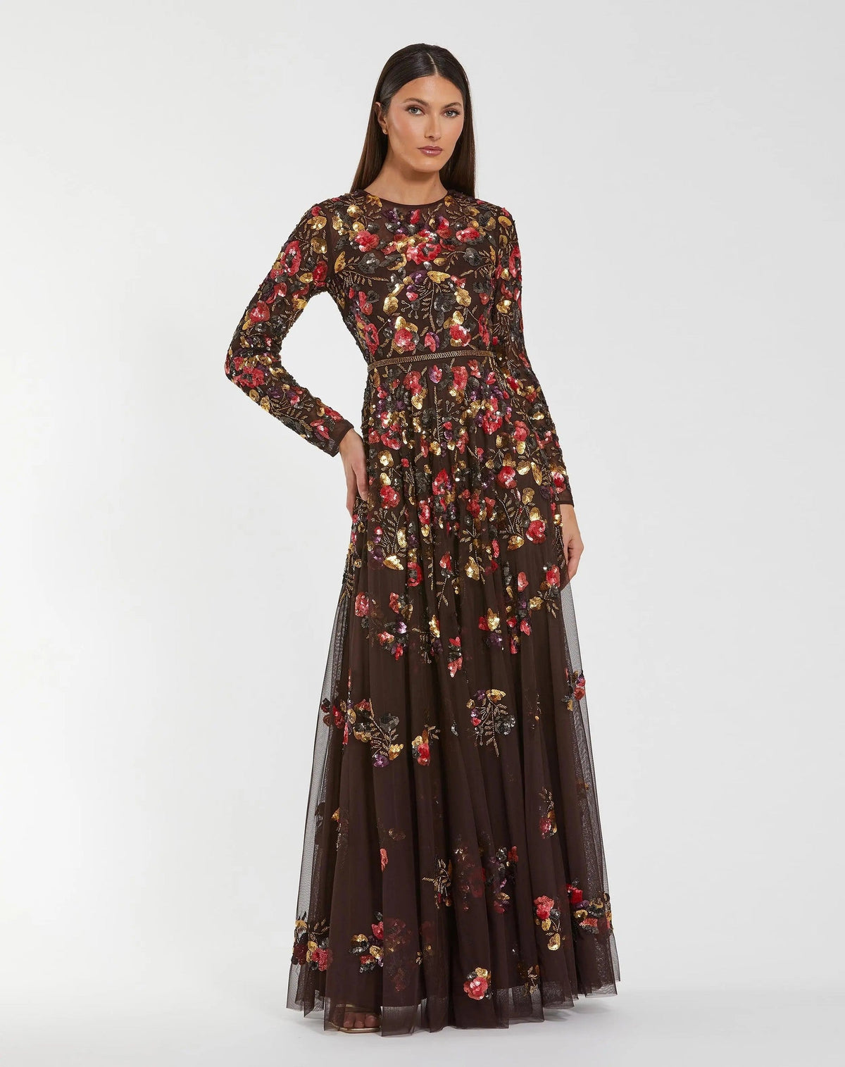 Espresso Multi Long Sleeve Floral Embellished Evening Gown
