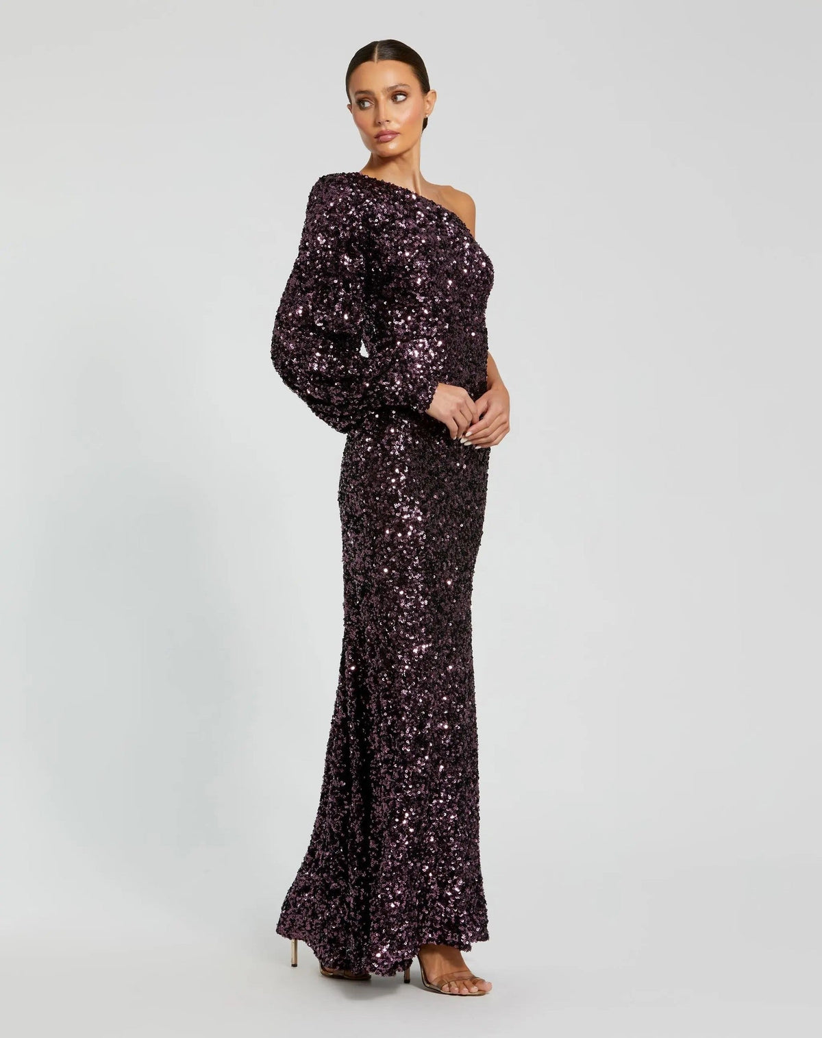 Aubergine Sequined One Shoulder Bishop Sleeve Trumpet Gown