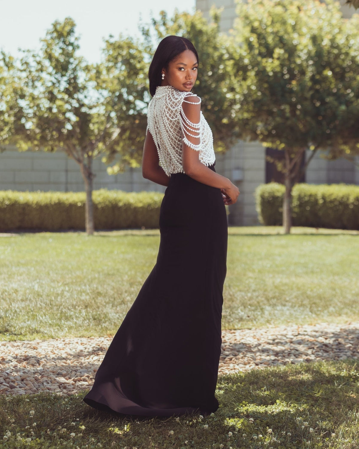 Black High Neck Pearl Embellished Jersey Gown