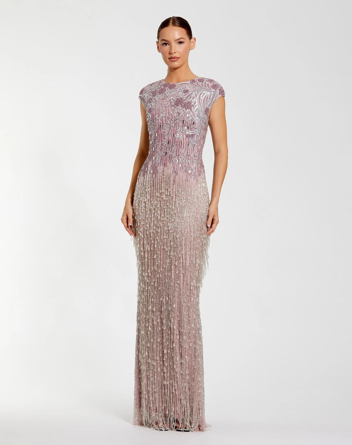 Vintage Lilac Embellished Cap Sleeve Gown With Fringe Beading